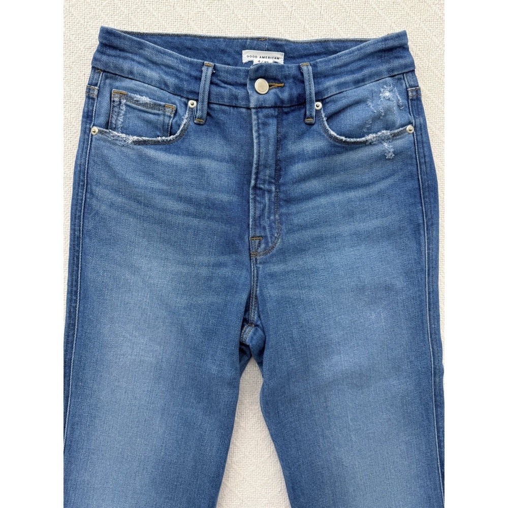 Good American Good Curve Straight Jeans Indigo338 High Rise Distressed 4 / 27 - Picture 6 of 11